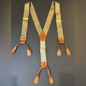 VTG 1990s Dark Khaki Silk Woven Suspenders Tan Lizard Embossed Leather Germany